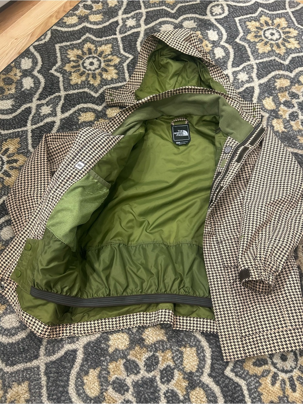 The North Face Olive Green Hooded Jacket with Houndstooth Trim